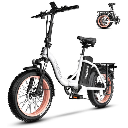 Bicicleta Elétrica Dobrável KEBIKO 750W, Bateria 48V 20Ah, Velocidade 48 km h, Suspensão Dupla, Freios a Disco, Rodas 20 , Display LCD, Branco Rosa