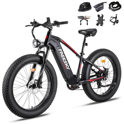 Bicicleta Elétrica FREESKY Himalaya Pro 750W Pico 1200W – Bateria Removível 48V 15Ah, Rodas 26"x4", Suspensão Hidráulica, Freios a Disco de 4 Pistões, Câmbio Shimano 7V, Visor LCD – Preta