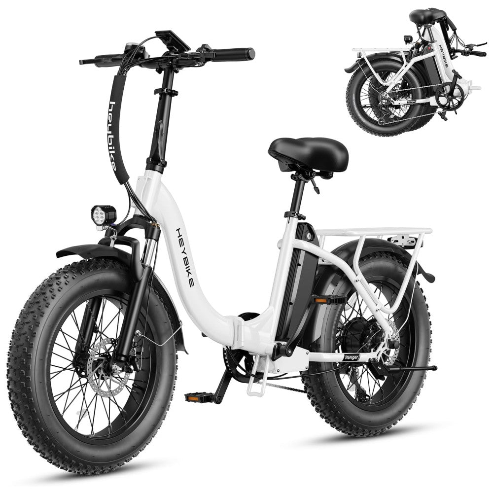 Bicicleta Elétrica Dobrável Heybike Ranger 2.0 Branca | Motor 1500W, Autonomia 88 km, Velocidade 40 km/h, Pneus 20"x4", Suspensão Frontal, Câmbio Shimano 7V