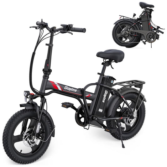 Bicicleta elétrica Vivi Gopina, 16" x 3.0, pneu largo, potência máxima de 500W, bateria removível de 48V, autonomia de até 64km, tela LCD, 32km/h, 7 velocidades, certificação UL 2849, Preta e vermelha