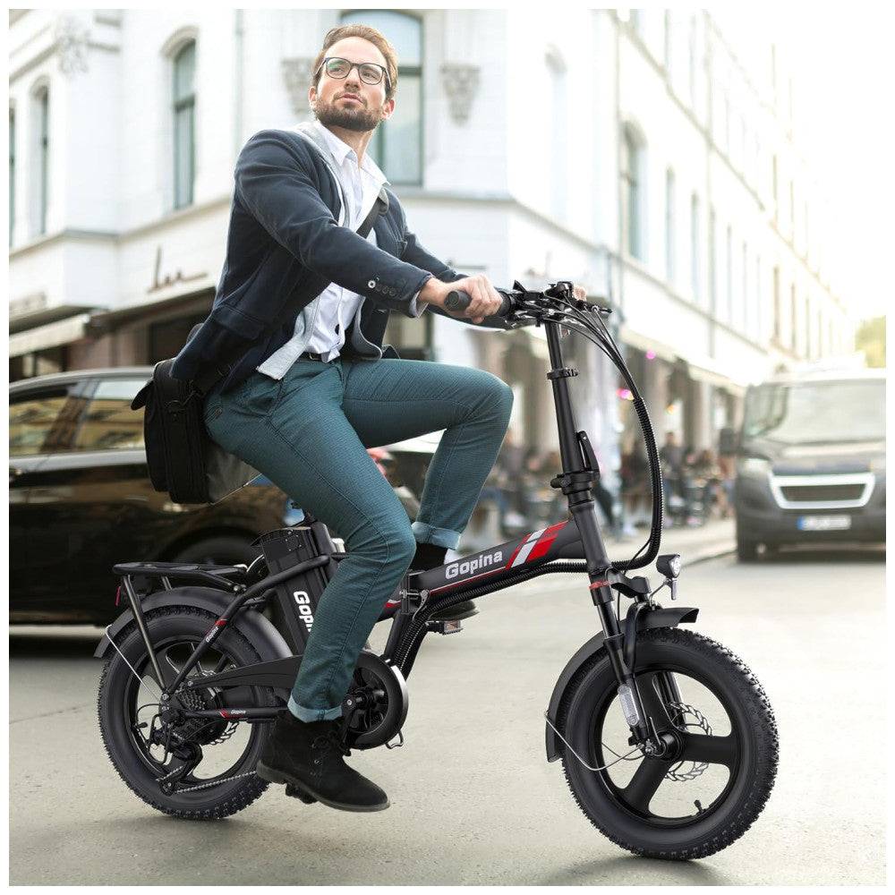 Bicicleta elétrica Vivi Gopina, 16" x 3.0, pneu largo, potência máxima de 500W, bateria removível de 48V, autonomia de até 64km, tela LCD, 32km/h, 7 velocidades, certificação UL 2849, Preta e vermelha