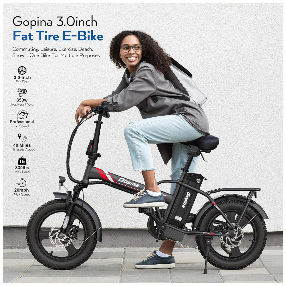 Bicicleta elétrica Vivi Gopina, 16" x 3.0, pneu largo, potência máxima de 500W, bateria removível de 48V, autonomia de até 64km, tela LCD, 32km/h, 7 velocidades, certificação UL 2849, Preta e vermelha