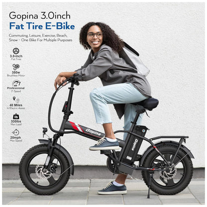 Bicicleta elétrica Vivi Gopina, 16" x 3.0, pneu largo, potência máxima de 500W, bateria removível de 48V, autonomia de até 64km, tela LCD, 32km/h, 7 velocidades, certificação UL 2849, Preta e vermelha