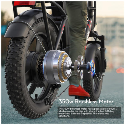 Bicicleta elétrica Vivi Gopina, 16" x 3.0, pneu largo, potência máxima de 500W, bateria removível de 48V, autonomia de até 64km, tela LCD, 32km/h, 7 velocidades, certificação UL 2849, Preta e vermelha