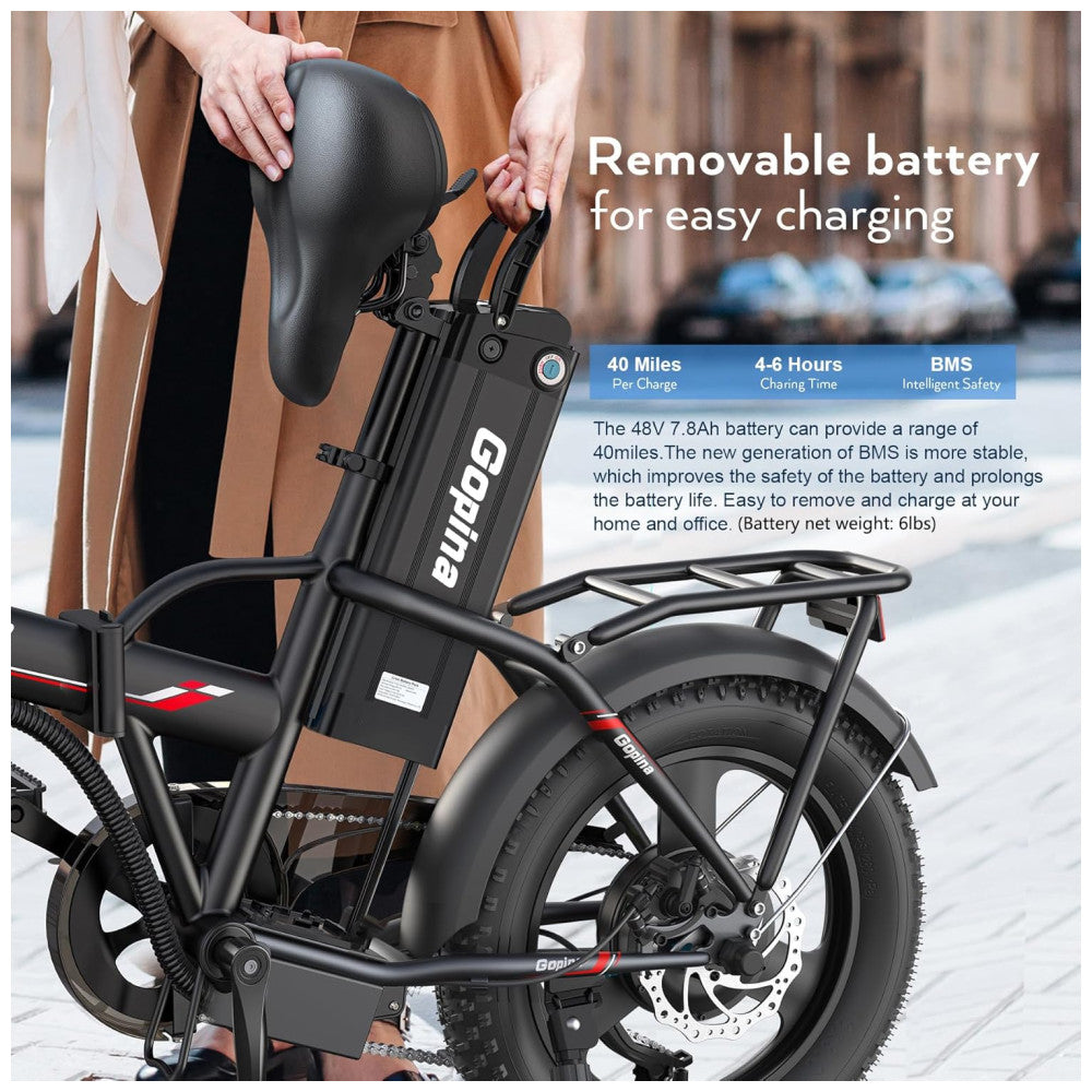 Bicicleta elétrica Vivi Gopina, 16" x 3.0, pneu largo, potência máxima de 500W, bateria removível de 48V, autonomia de até 64km, tela LCD, 32km/h, 7 velocidades, certificação UL 2849, Preta e vermelha