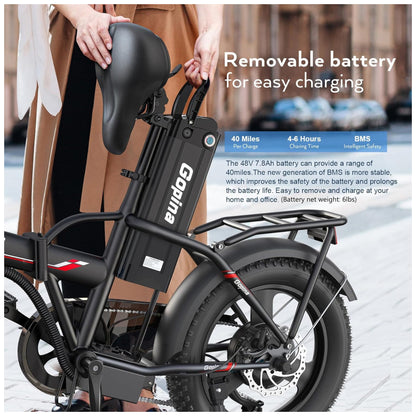 Bicicleta elétrica Vivi Gopina, 16" x 3.0, pneu largo, potência máxima de 500W, bateria removível de 48V, autonomia de até 64km, tela LCD, 32km/h, 7 velocidades, certificação UL 2849, Preta e vermelha