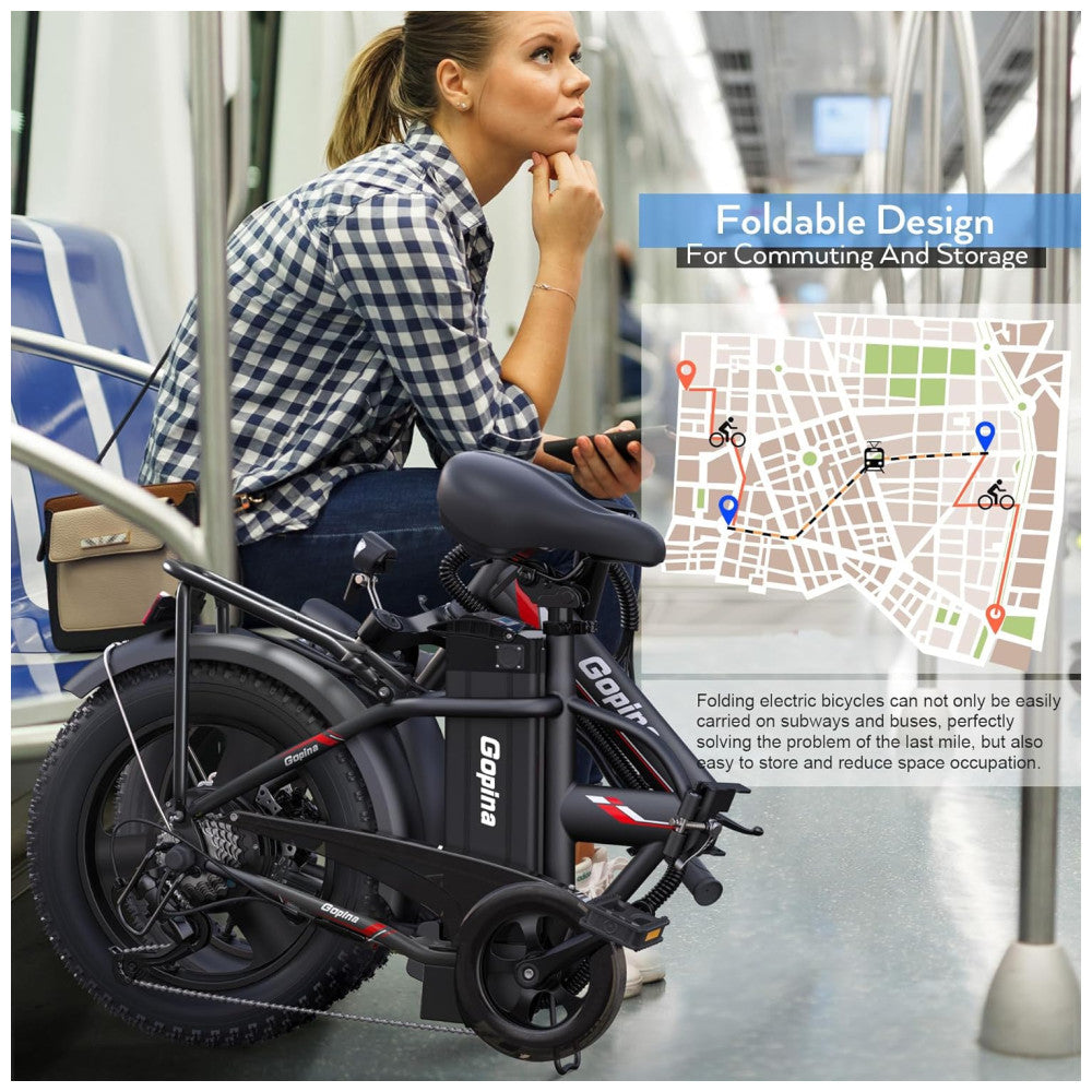 Bicicleta elétrica Vivi Gopina, 16" x 3.0, pneu largo, potência máxima de 500W, bateria removível de 48V, autonomia de até 64km, tela LCD, 32km/h, 7 velocidades, certificação UL 2849, Preta e vermelha