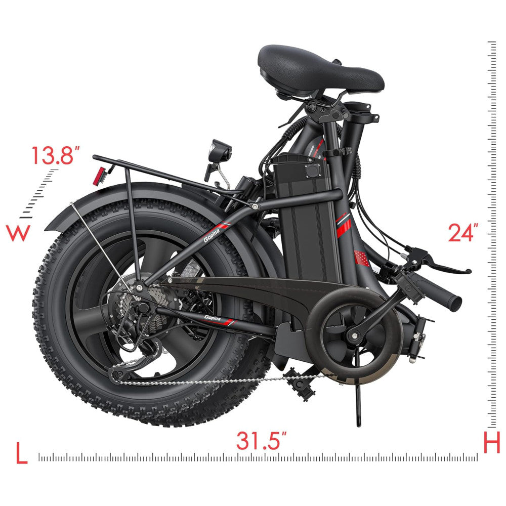 Bicicleta elétrica Vivi Gopina, 16" x 3.0, pneu largo, potência máxima de 500W, bateria removível de 48V, autonomia de até 64km, tela LCD, 32km/h, 7 velocidades, certificação UL 2849, Preta e vermelha