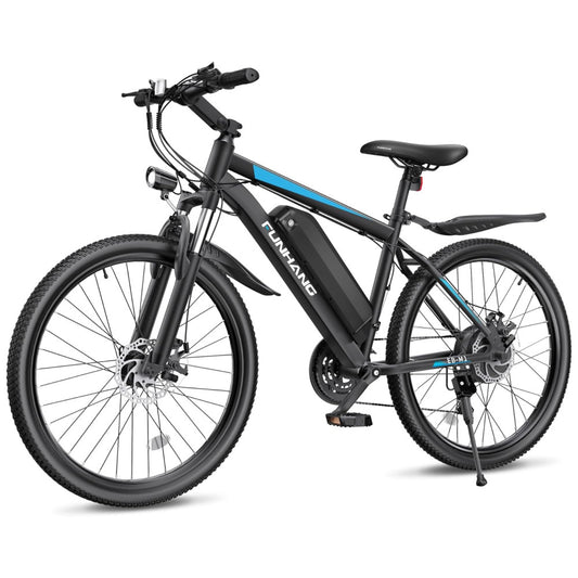 Bicicleta Elétrica Funhang MTB 500W (Pico 1000W) | 26" Rodas, 21 Velocidades, Bateria IPX5 48V 374,4Wh, Tela LCD e Freios a Disco Duplo, Azul e preta