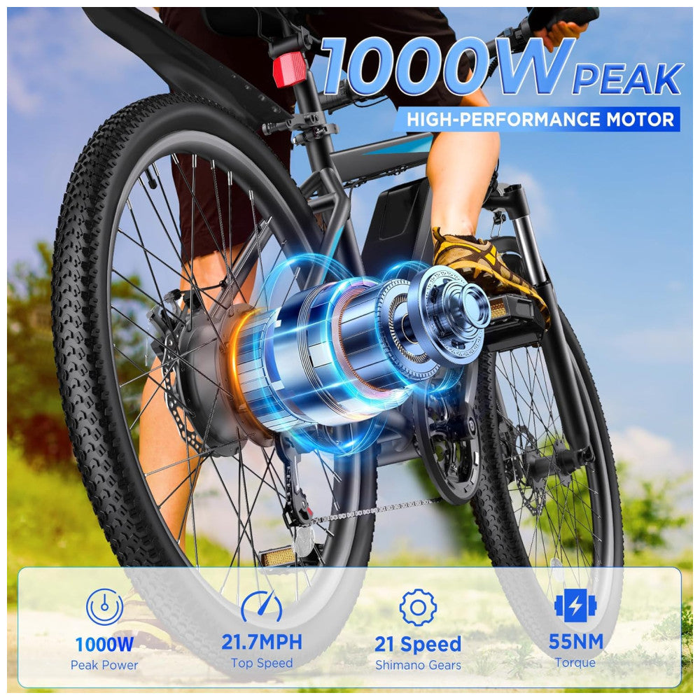 Bicicleta Elétrica Funhang MTB 500W (Pico 1000W) | 26" Rodas, 21 Velocidades, Bateria IPX5 48V 374,4Wh, Tela LCD e Freios a Disco Duplo, Azul e preta
