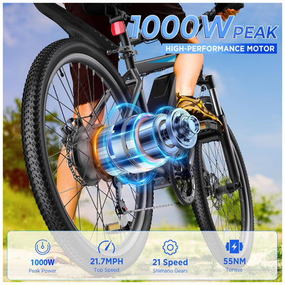Bicicleta Elétrica Funhang MTB 500W (Pico 1000W) | 26" Rodas, 21 Velocidades, Bateria IPX5 48V 374,4Wh, Tela LCD e Freios a Disco Duplo, Azul e preta