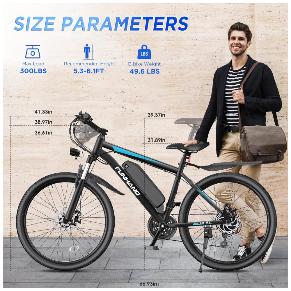 Bicicleta Elétrica Funhang MTB 500W (Pico 1000W) | 26" Rodas, 21 Velocidades, Bateria IPX5 48V 374,4Wh, Tela LCD e Freios a Disco Duplo, Azul e preta