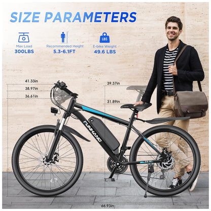 Bicicleta Elétrica Funhang MTB 500W (Pico 1000W) | 26" Rodas, 21 Velocidades, Bateria IPX5 48V 374,4Wh, Tela LCD e Freios a Disco Duplo, Azul e preta