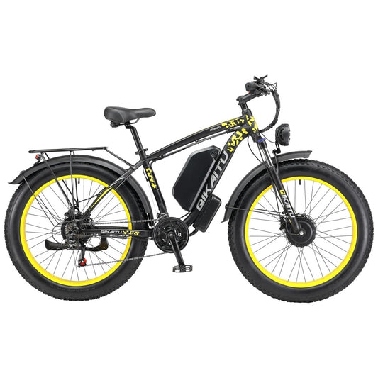 Bicicleta Elétrica QIKAITU MQ3000 2000W com Motor Duplo, Bateria UL 48V 23Ah, Suspensão com Trava, Freios Hidráulicos e Rodas 26x4", Preta e Amarela