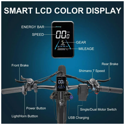 Bicicleta Elétrica QIKAITU MQ3000 2000W com Motor Duplo, Bateria UL 48V 23Ah, Suspensão com Trava, Freios Hidráulicos e Rodas 26x4", Preta e Amarela