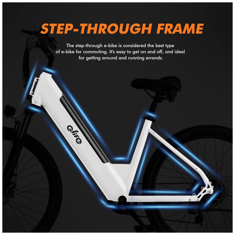 E-bike Urbana Qlife Cityone ST Step-Thru, Bateria 36V UL2849, 7 Velocidades, Pneus 26"x2,1", Suspensão Frontal, Branca
