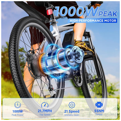 Bicicleta Elétrica Funhang 1000W Pico | 21 Velocidades, Suspensão, Bateria Removível 48V, Até 80km de Autonomia, Branca
