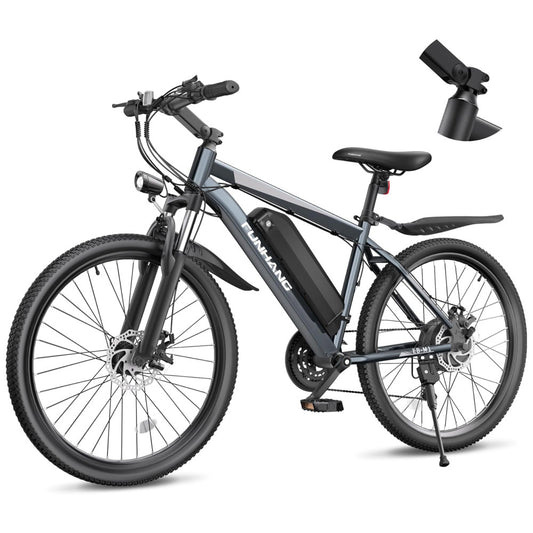 Bicicleta Elétrica Funhang EB-M1 Cinza Prata 26" | Motor 500W (Pico 1000W), Bateria 48V 374,4Wh, 21 Velocidades, Suspensão Dianteira