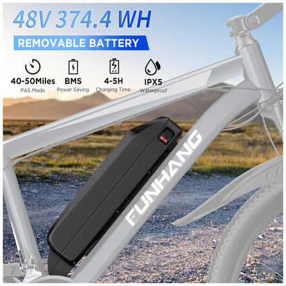 Bicicleta Elétrica Funhang EB-M1 Cinza Prata 26" | Motor 500W (Pico 1000W), Bateria 48V 374,4Wh, 21 Velocidades, Suspensão Dianteira