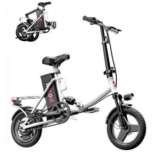 Bicicleta Elétrica Dobrável Windone S14 Branca – Motor 350W (Pico 500W), Velocidade Máxima 30km/h, Autonomia 45km, Rodas 14", Suspensão Dupla, Bateria Removível 36V 7,8Ah, Branca