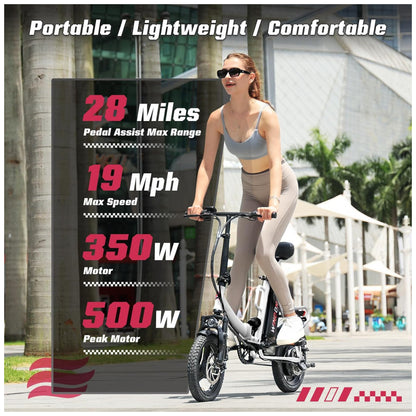 Bicicleta Elétrica Dobrável Windone S14 Branca – Motor 350W (Pico 500W), Velocidade Máxima 30km/h, Autonomia 45km, Rodas 14", Suspensão Dupla, Bateria Removível 36V 7,8Ah, Branca