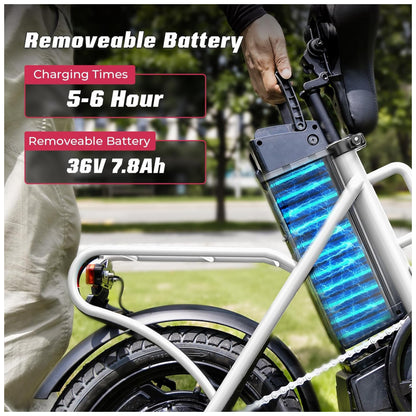 Bicicleta Elétrica Dobrável Windone S14 Branca Motor 350W Pico 500W , Velocidade Máxima 30km h, Autonomia 45km, Rodas 14 , Suspensão Dupla, Bateria Removível 36V 7,8Ah, Branca