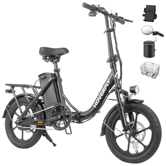 Bicicleta Elétrica Dobrável Hoverfly, 500W de Pico, 25 km h, 45 km de Alcance, Rodas 16 , Bateria Removível, Suspensão Dupla, Freios a Disco e Certificação UL2849, PRETA