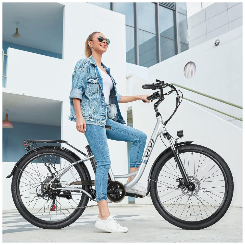 Bicicleta Elétrica Vivi, Modelo Cruiser, 26 Polegadas, 1000W de Pico, Velocidade de até 35km h, Bateria Removível de 48V, Controle de Cruzeiro, 7 Velocidades, Prata