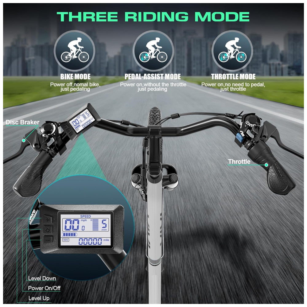 Bicicleta Elétrica Vivi, Modelo Cruiser, 26 Polegadas, 1000W de Pico, Velocidade de até 35km h, Bateria Removível de 48V, Controle de Cruzeiro, 7 Velocidades, Prata