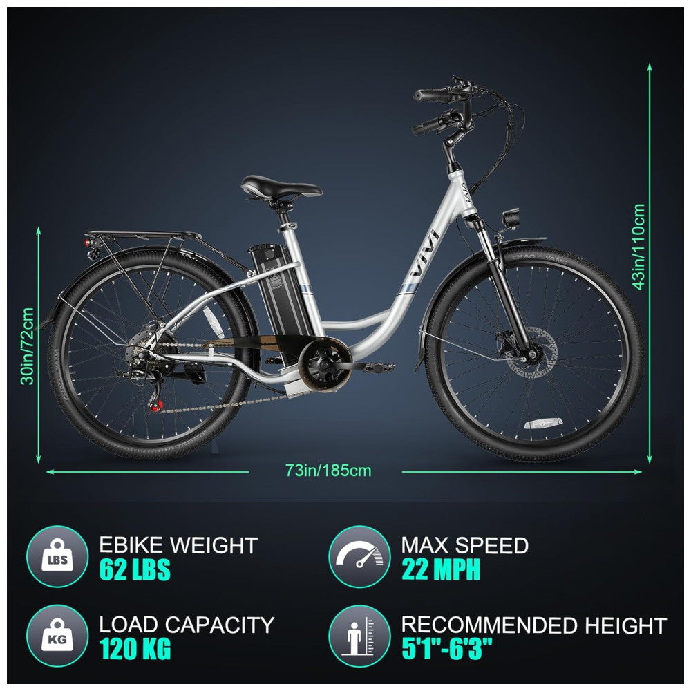 Bicicleta Elétrica Vivi, Modelo Cruiser, 26 Polegadas, 1000W de Pico, Velocidade de até 35km h, Bateria Removível de 48V, Controle de Cruzeiro, 7 Velocidades, Prata
