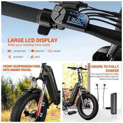 Kit com 2 Bicicletas Elétricas Dobráveis Sisigad 1500W Pico, Pneus Fat 20 x4.0, Bateria 48V 15Ah, Autonomia 96 km, 7 Velocidades, Freios a Disco, Suspensão Completa, Branco Preto