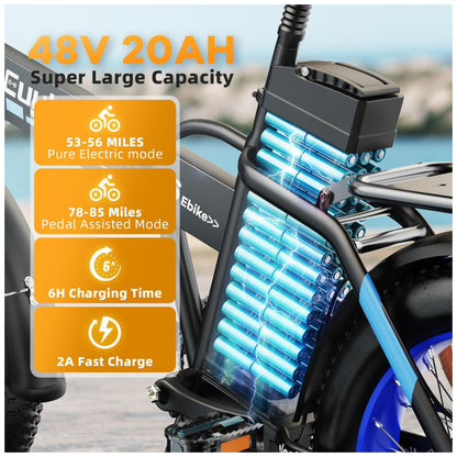 Bicicleta Elétrica Dobrável de 1000W, Bateria Removível Grande de 48V 20AH, 30MPH, Alcance Máximo de 80 Milhas, Bicicleta Elétrica com Pneus Largos de, Preta