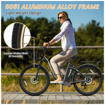 Bicicleta Elétrica para Adultos com Motor 700W Pico, Quadro em Alumínio 6061, Bateria Removível 36V 10,4Ah, Autonomia de até 64 km, 7 Marchas, Tela LCD Colorida, Certificação UL2849, Preto Sable
