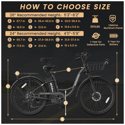 Bicicleta Elétrica para Adultos com Motor 700W Pico, Quadro em Alumínio 6061, Bateria Removível 36V 10,4Ah, Autonomia de até 64 km, 7 Marchas, Tela LCD Colorida, Certificação UL2849, Preto Sable