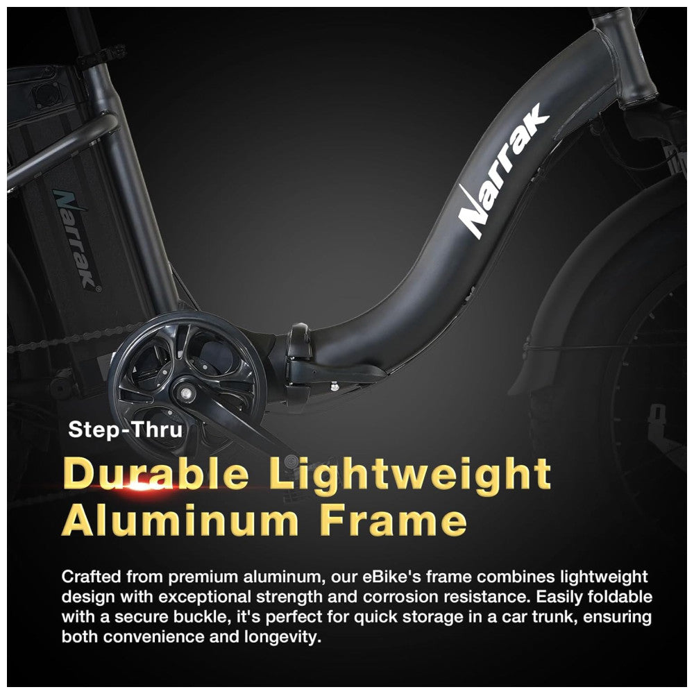 Bicicleta Elétrica Dobrável Narrak S129 com Motor Traseiro 750W Pico 1100W , Bateria 48V 13Ah, Freios a Disco Duplos e Transmissão SHIMANO 7 Velocidades, Velocidade Máxima 45km h e Display LCD, Preta