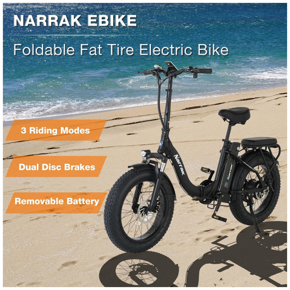 Bicicleta Elétrica Dobrável Narrak S129 com Motor Traseiro 750W Pico 1100W , Bateria 48V 13Ah, Freios a Disco Duplos e Transmissão SHIMANO 7 Velocidades, Velocidade Máxima 45km h e Display LCD, Preta