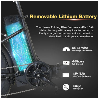 Bicicleta Elétrica Dobrável Narrak S129 com Motor Traseiro 750W Pico 1100W , Bateria 48V 13Ah, Freios a Disco Duplos e Transmissão SHIMANO 7 Velocidades, Velocidade Máxima 45km h e Display LCD, Preta