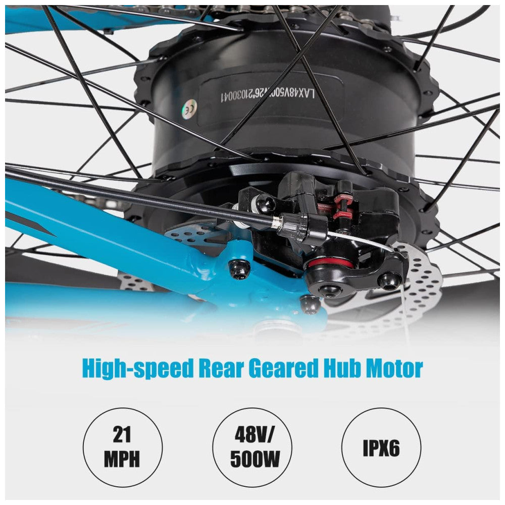 Bicicleta Elétrica Hiland ROCKSHARK 500W com Pneus Grossos, Bateria Samsung 48V 11,6Ah, Câmbio Shimano 7V, Freios a Disco – Azul