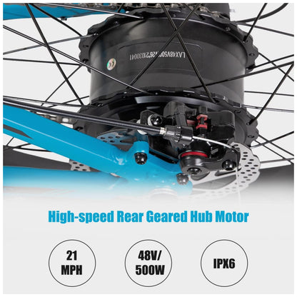 Bicicleta Elétrica Hiland ROCKSHARK 500W com Pneus Grossos, Bateria Samsung 48V 11,6Ah, Câmbio Shimano 7V, Freios a Disco – Azul