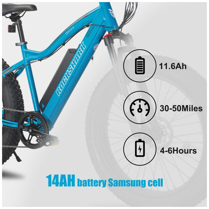Bicicleta Elétrica Hiland ROCKSHARK 500W com Pneus Grossos, Bateria Samsung 48V 11,6Ah, Câmbio Shimano 7V, Freios a Disco – Azul
