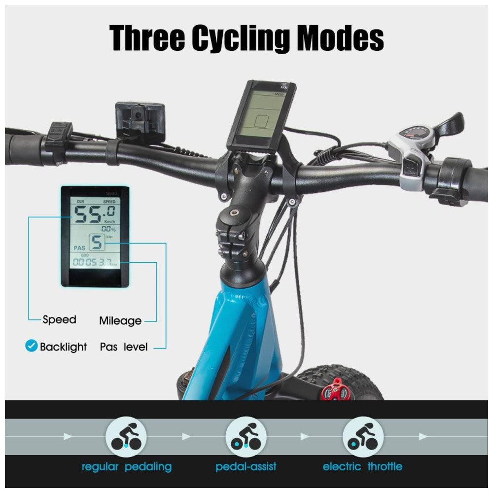 Bicicleta Elétrica Hiland ROCKSHARK 500W com Pneus Grossos, Bateria Samsung 48V 11,6Ah, Câmbio Shimano 7V, Freios a Disco – Azul