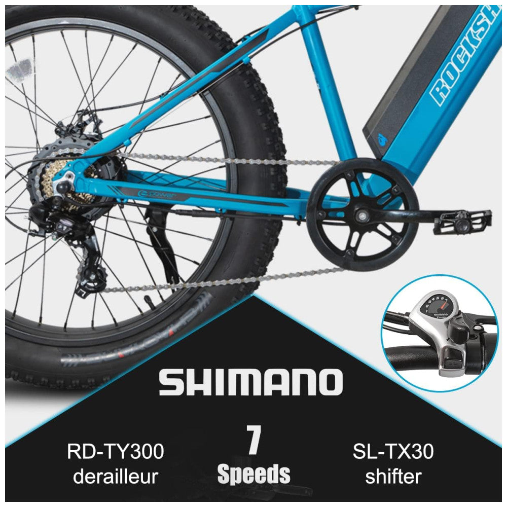 Bicicleta Elétrica Hiland ROCKSHARK 500W com Pneus Grossos, Bateria Samsung 48V 11,6Ah, Câmbio Shimano 7V, Freios a Disco – Azul