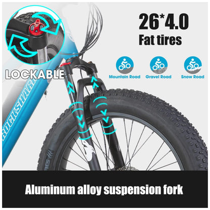 Bicicleta Elétrica Hiland ROCKSHARK 500W com Pneus Grossos, Bateria Samsung 48V 11,6Ah, Câmbio Shimano 7V, Freios a Disco – Azul
