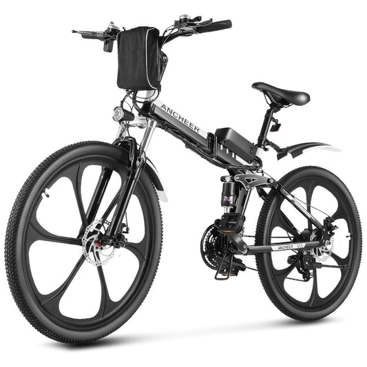 Bicicleta Elétrica Dobrável ANCHEER 26 21 Marchas, Suspensão Completa, Quadro de Alumínio, Freios a Disco Mecânicos