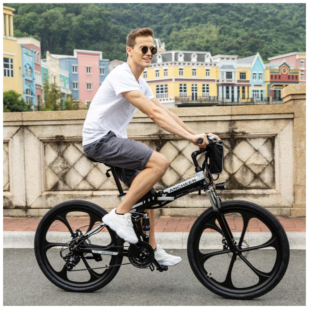 Bicicleta Elétrica Dobrável ANCHEER 26 21 Marchas, Suspensão Completa, Quadro de Alumínio, Freios a Disco Mecânicos