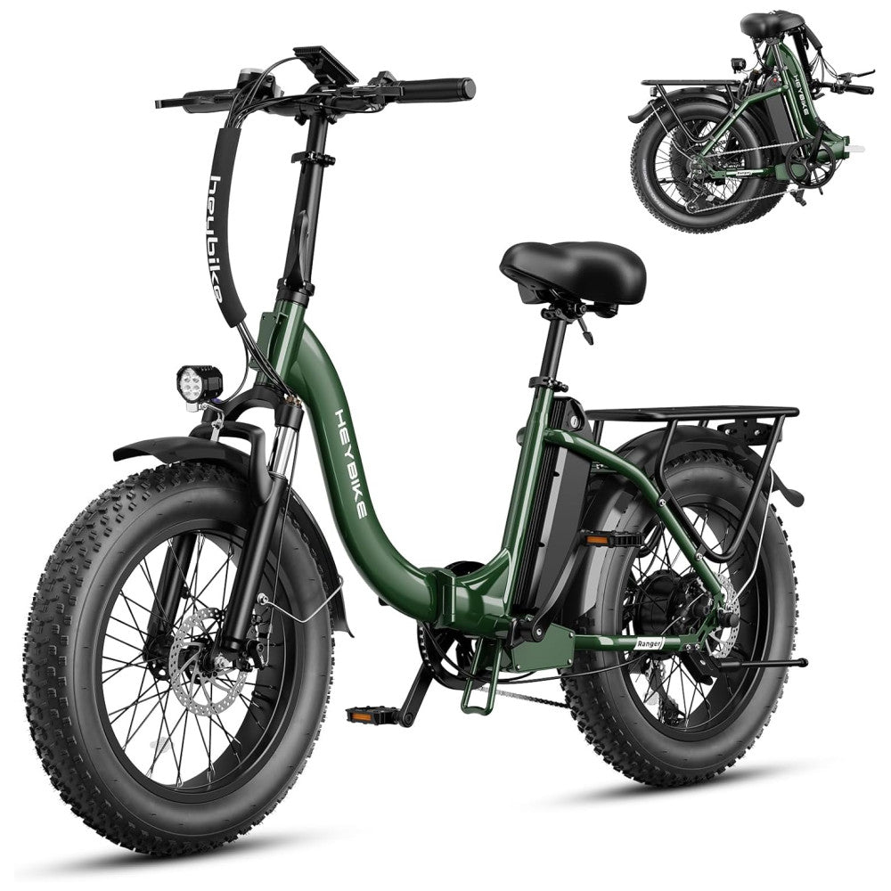 Bicicleta Elétrica Dobrável Ranger 2.0, Motor 1400W Pico, Bateria 600Wh, Autonomia 96 km, Pneus 20x4.0, Freio 180mm, Suspensão, Até 45 km h, USB, Bagageiro, Verde