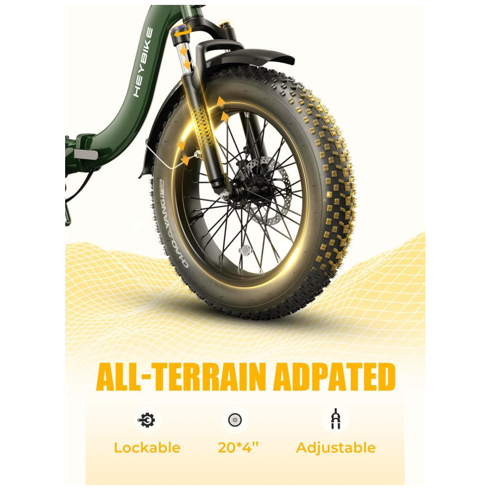 Bicicleta Elétrica Dobrável Ranger 2.0, Motor 1400W Pico, Bateria 600Wh, Autonomia 96 km, Pneus 20x4.0, Freio 180mm, Suspensão, Até 45 km h, USB, Bagageiro, Verde