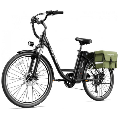 Bicicleta Elétrica Heybike City 1.0 350W – Bateria Removível 36V 10Ah, Rodas 26", 7 Marchas Shimano, Quadro Step-Through com Alforje Verde – Preta