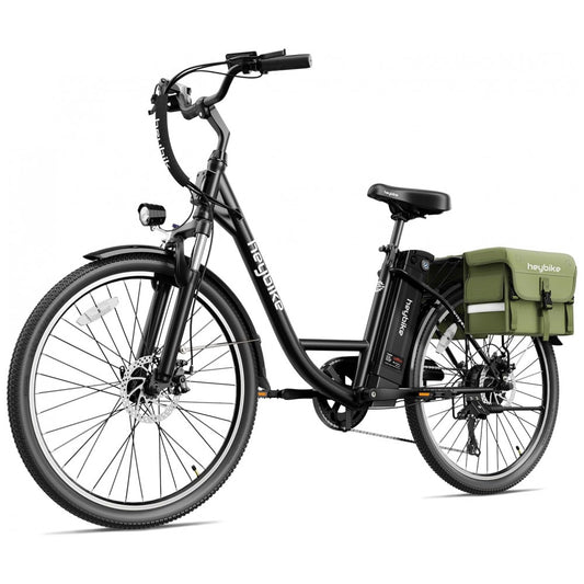 Bicicleta Elétrica Heybike City 1.0 350W – Bateria Removível 36V 10Ah, Rodas 26", 7 Marchas Shimano, Quadro Step-Through com Alforje Verde – Preta