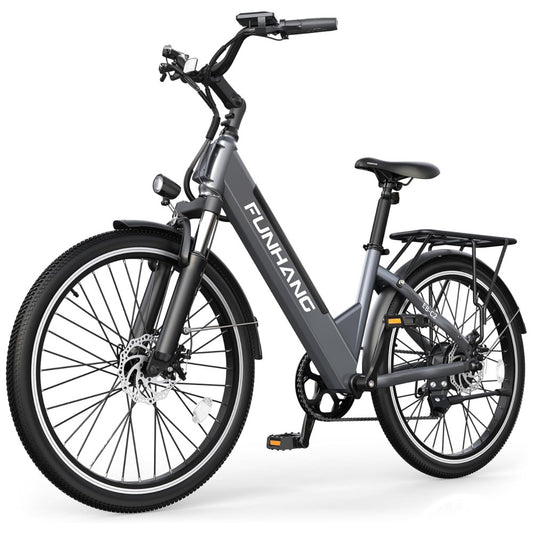 E Bike Funhang EB C2, Motor Brushless 500W Pico 1000W , Torque 55Nm, Bateria 48V 374Wh Removível, 26 , 7 Marchas, 5 Modos, Freios a Disco, IPX5, CINZA PRATA